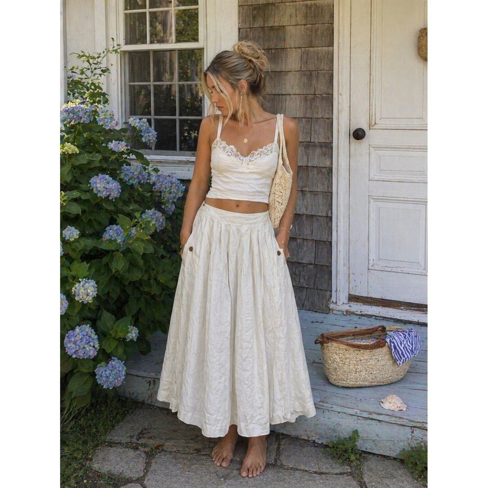 Vintage 90s Cottage Women's Linen Blend Pleated Midi Skirt Cream- Size 12